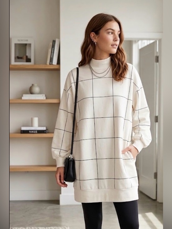 Dresses & Skirts - Serra Cream Black Windowpane Turtleneck Sweater Dress - Size Large